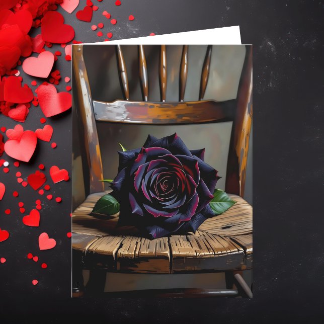 Pretty Black Rose on Rustic Chair Valentine's Day Kort (Skapare uppladdad)