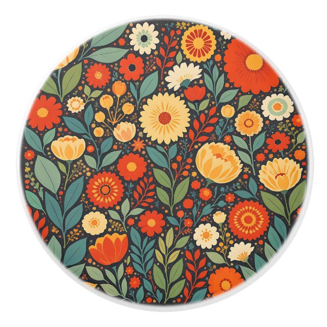 Pretty Blue and Orange Floral Folk Art Knopp (Framsidan)