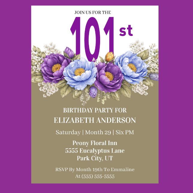 Pretty Blue and Purple Peony 101st Birthday Inbjudningar (Elegant blue and purple peony floral 101st birthday invitation)