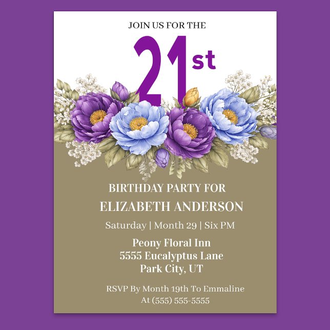 Pretty Blue and Purple Peony 21st Birthday Inbjudningar (Elegant 21st birthday invitation with blue and purple peony flowers)