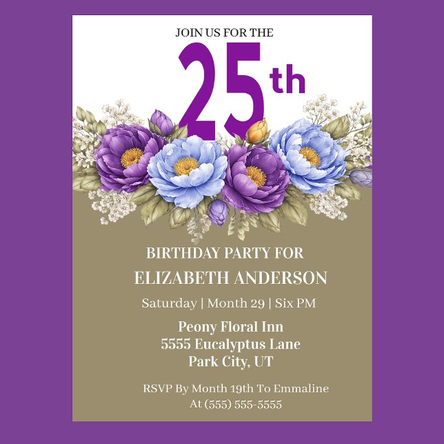 Pretty Blue and Purple Peony 25th Birthday Inbjudningar (Elegant 25th birthday invitation with purple and blue peony)