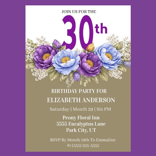 Pretty Blue and Purple Peony 30th Birthday Inbjudningar (Elegant 30th birthday invitation with purple and blue watercolor peonies)