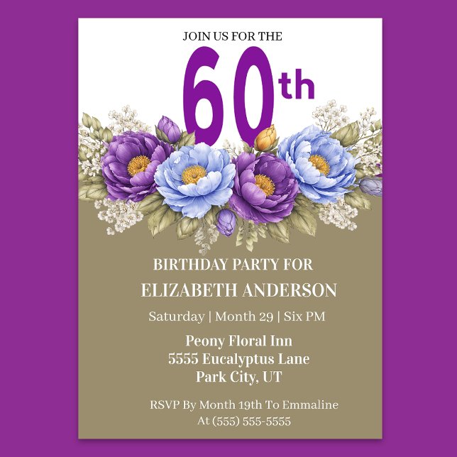 Pretty Blue and Purple Peony 60th Birthday Inbjudningar (Elegant 60th birthday invitation with blue and purple peony flowers)