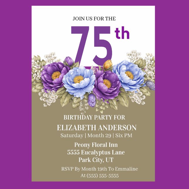 Pretty Blue and Purple Peony 75th Birthday Inbjudningar (Elegant 75th birthday invitation with blue and purple peony flowers)