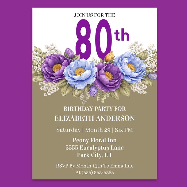 Pretty Blue and Purple Peony 80th Birthday Inbjudningar (Elegant 80th birthday invitation with purple and blue peony flowers)