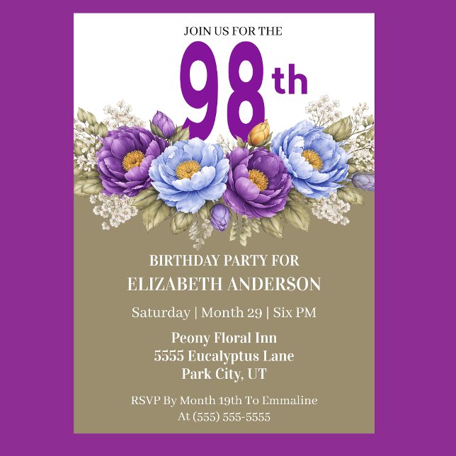 Pretty Blue and Purple Peony 98th Birthday Inbjudningar (Elegant blue and purple peony floral 98th birthday invitation)