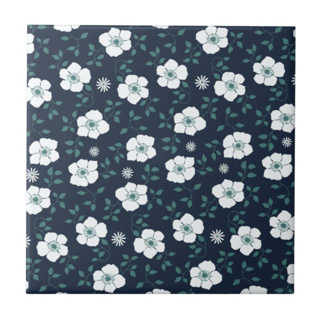 Pretty Blue and White Floral Pattern Kakelplatta (Framsidan)