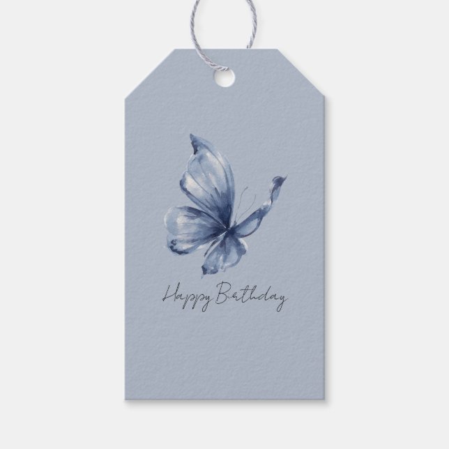 Pretty Blue Butterfly Birthday Presentetikett (Framsidan)