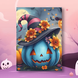 Pretty Blue Halloween Pumpkin Jack-o-lantern Kort