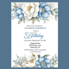 Pretty Blue Magnolia and Peony 21st Birthday Inbjudningar