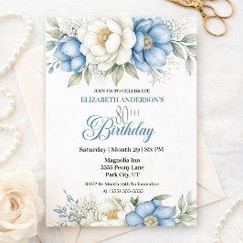 Pretty Blue Magnolia and Peony 80th Birthday Inbjudningar