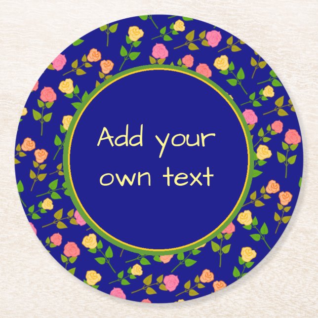 Pretty Blue Rose Pattern Custom Text Underlägg Papper Rund (Framsidan)