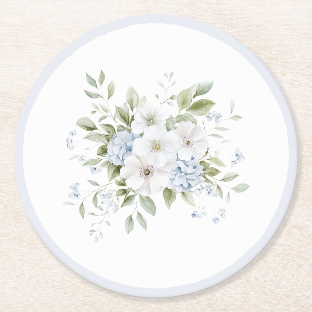 Pretty Blue White Floral Bridal Shower Underlägg Papper Rund (Framsidan)