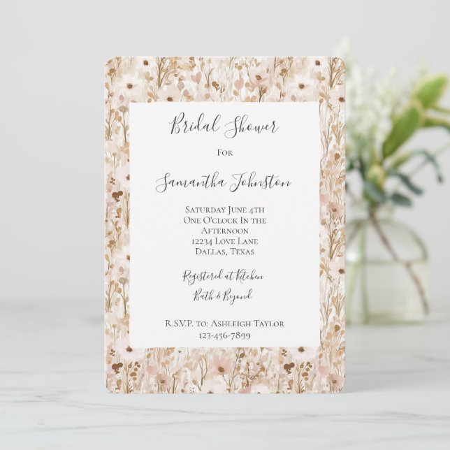 Pretty Blush Brown Floral Bridal Shower Inbjudningar (Stående Fram)