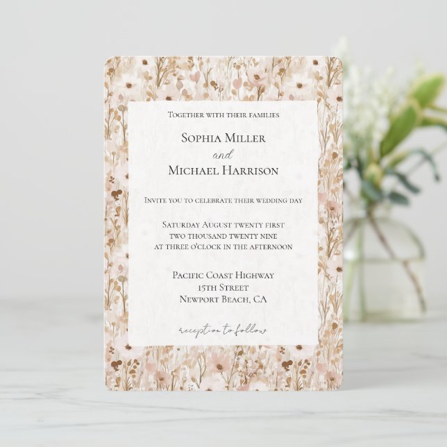 Pretty Blush Brown Floral Wedding Inbjudningar (Stående Fram)