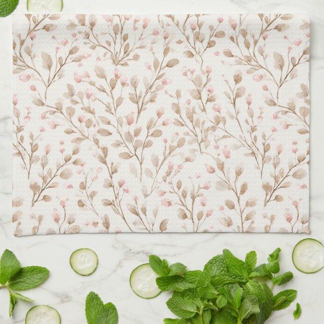 Pretty Blush Pink Cream Floral  Kökshandduk (Vikta)