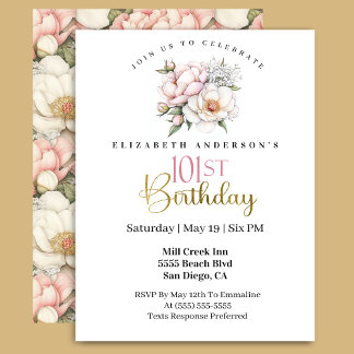 Pretty Blush Pink Peony Floral 101st Birthday Inbjudningar