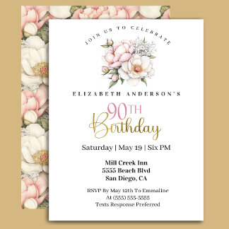 Pretty Blush Pink Peony Floral 90th Birthday Inbjudningar
