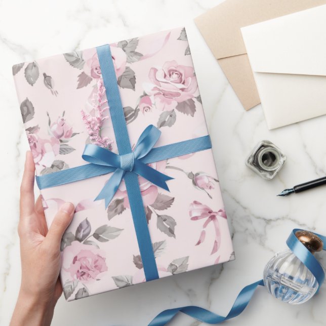 Pretty Blush Pink Roses & Bows Floral Wedding Presentpapper (Gifting)