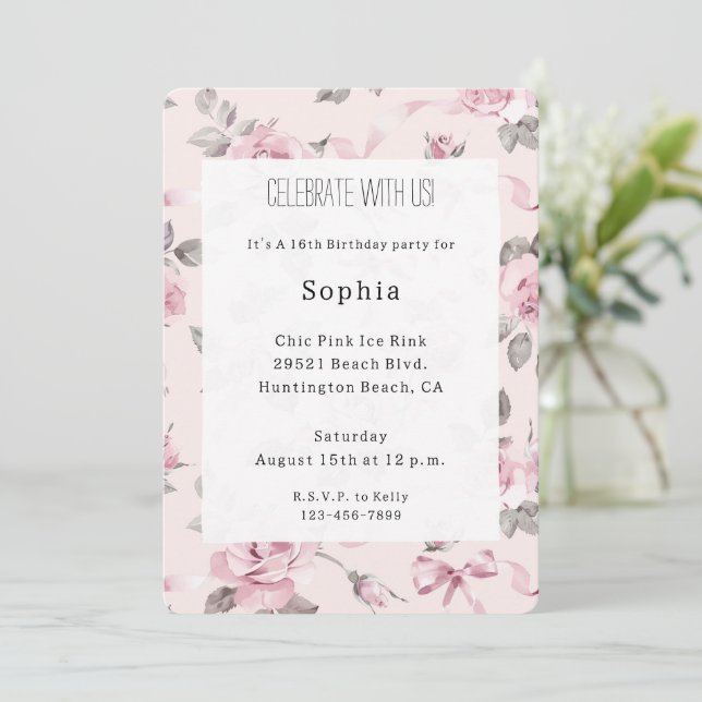 Pretty Blush Pink Roses Floral & Bows Birthday Inbjudningar (Stående Fram)