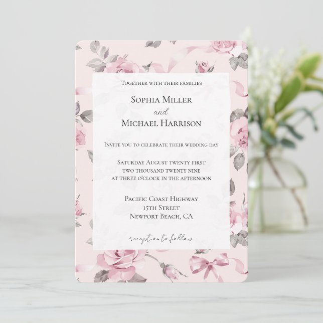 Pretty Blush Pink Roses Floral & Bows Wedding Inbjudningar (Stående Fram)