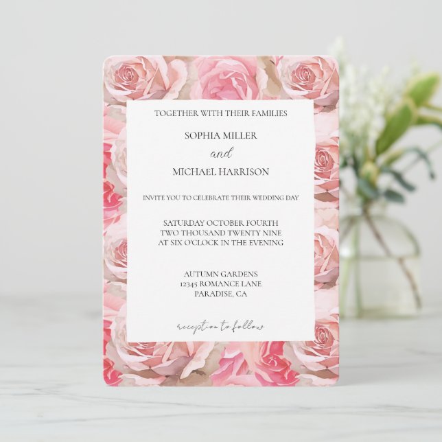 Pretty Blush Pink Roses Floral Wedding Inbjudningar (Stående Fram)