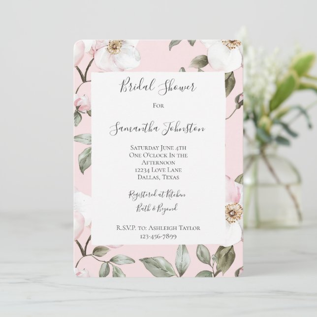 Pretty Blush Pink White Flowers Bridal Shower Inbjudningar (Stående Fram)