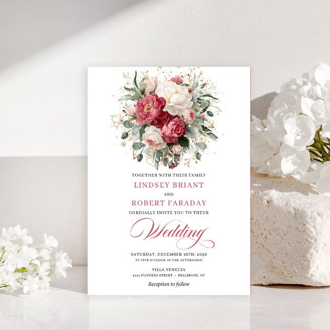 Pretty Bohemian Red White Gold Roses Wedding Invit Inbjudningar (Pretty Bohemian Red White Gold Roses Wedding Invite

)