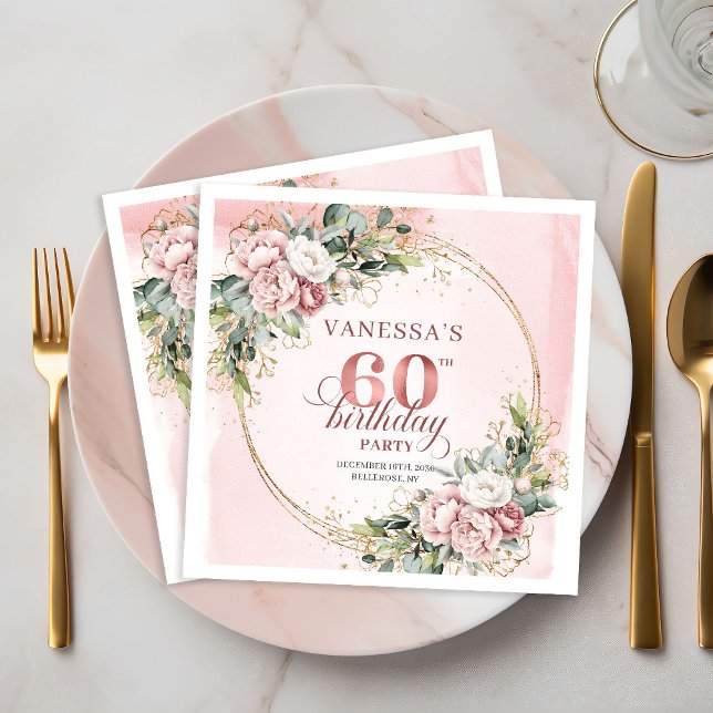 Pretty Boho Dusty Pink Eucalyptus 60th Birthday   Pappersservett (Pretty Boho Dusty Pink Eucalyptus 60th Birthday Napkins)
