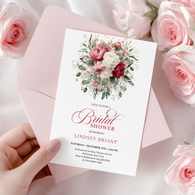 Pretty Boho Ruby White Gold Floral Bridal Shower  Inbjudningar (Pretty Boho Ruby White Gold Floral Bridal Shower Card

)
