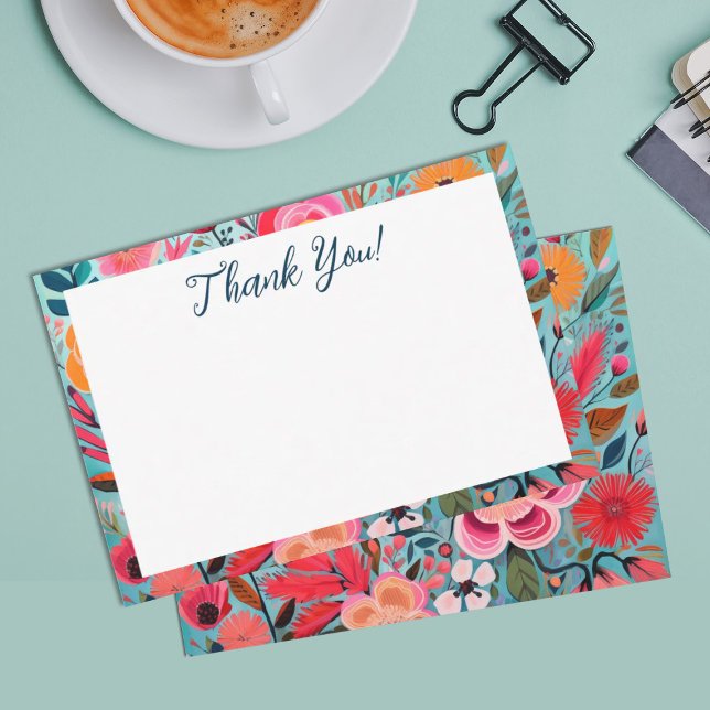 Pretty Botanical Girly Floral Thank You Tack Kort (A pretty colorful floral thank you card. Coordinates with other stationery items.)