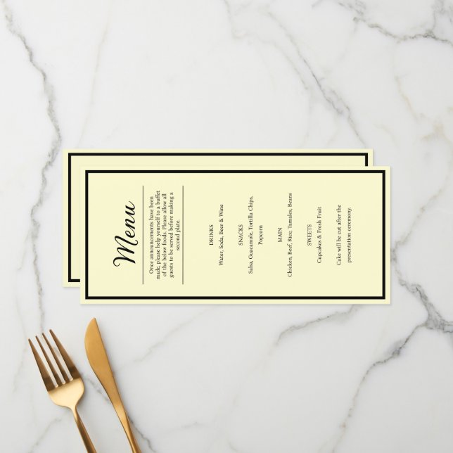 Pretty Butter Yellow Wedding Reception Dinner Menu Meny (Fram/Back In Situ)