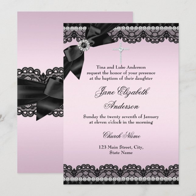 Pretty Chic Diamant Spets Rosa Dop Invitation Inbjudningar (Fram/baksida)