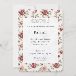 Pretty Chic Red Cream Floral Birthday   Inbjudningar