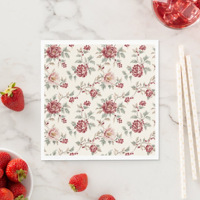 Pretty Chic Red Cream Floral Birthday  Pappersservett (Insitu)