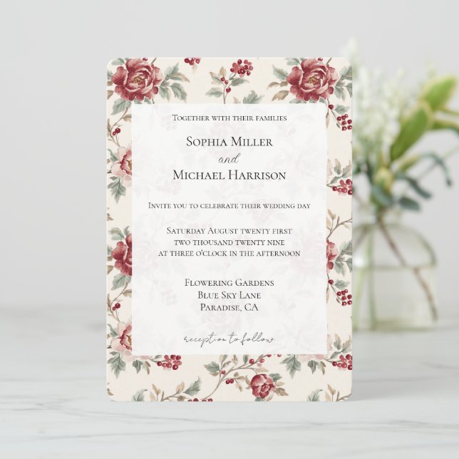 Pretty Chic Red Cream Floral Wedding Inbjudningar (Stående Fram)