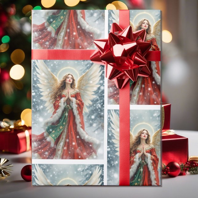Pretty Christmas Angel in Red & Green w Snow Presentpapper (Skapare uppladdad)