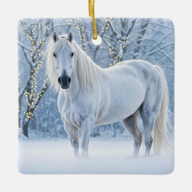 Pretty Christmas White Horse Snow Lights Julgransprydnad Keramik (Framsida)