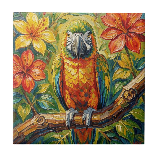Pretty Colorful Impasto Parrot and Tropical Flower Kakelplatta (Framsidan)