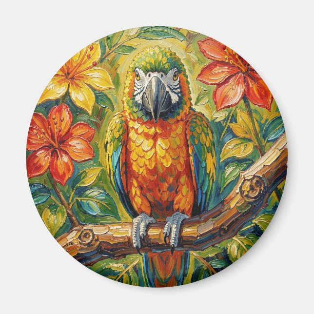 Pretty Colorful Impasto Parrot and Tropical Flower Magnet (Framsidan)