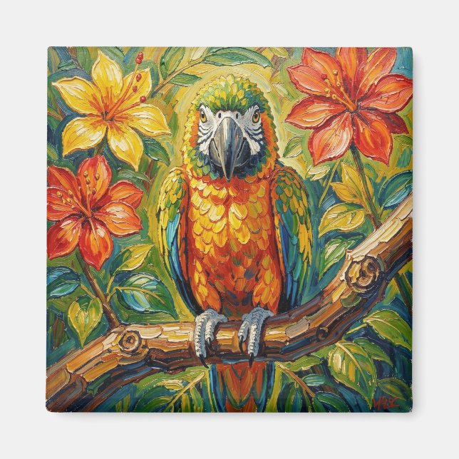 Pretty Colorful Impasto Parrot and Tropical Flower Magnet (Framsidan)