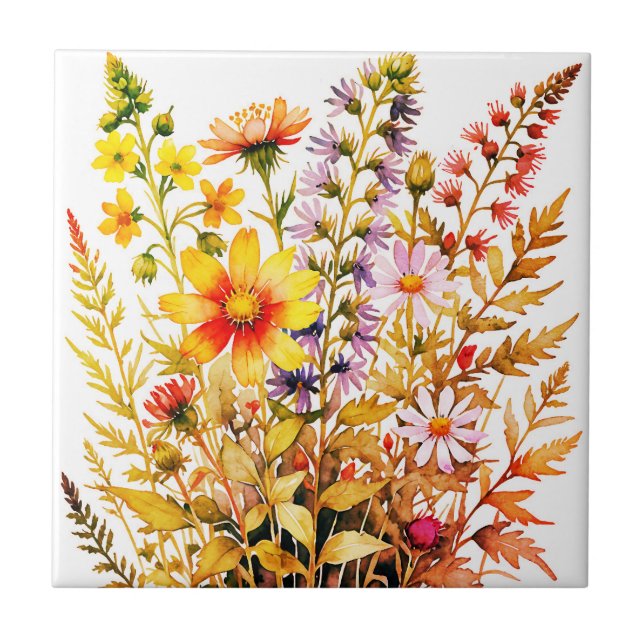 Pretty colorful wildflowers watercolor  kakelplatta (Framsidan)