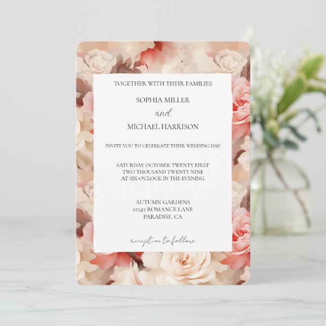 Pretty Cream Pink Floral Wedding Inbjudningar (Stående Fram)
