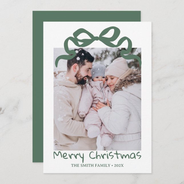 Pretty cute Christmas Green Bow Photo card  Inbjudningar (Fram/baksida)