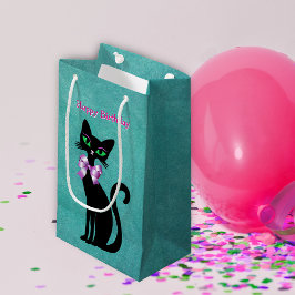 Pretty Elegant Black Birthday Cat Green Eyes Bow