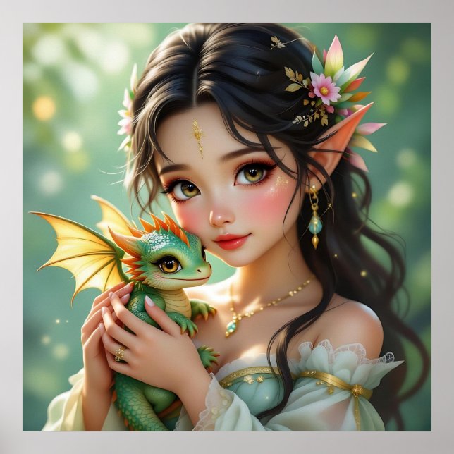 Pretty Elven Fairy & Dragon  Poster (Framsidan)
