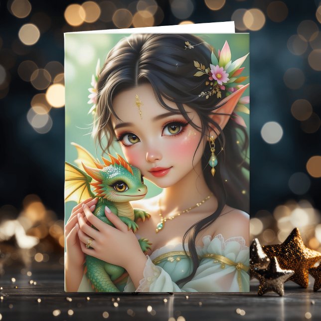 Pretty Elven Fairy & Dragon | Thinking About You Kort (Skapare uppladdad)