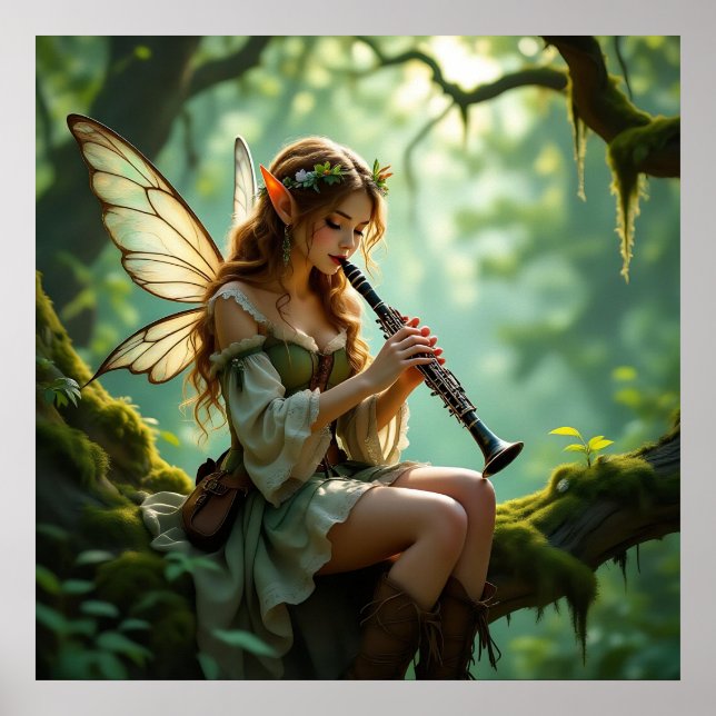 Pretty Elven Fairy Playing Clarinet Poster (Framsidan)