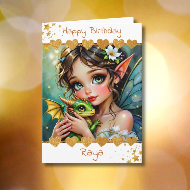 Pretty  Fairy and Dragon Themed Girl's Birthday Kort (Skapare uppladdad)