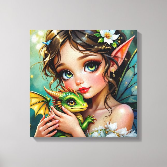 Pretty  Fairy and Dragon Themed Girl's   Canvastryck (Framsida)